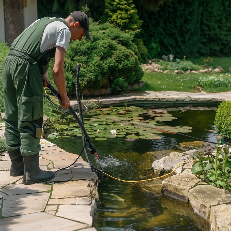 Profi reinigt einen kleinen Gartenteich mit Teichsauger