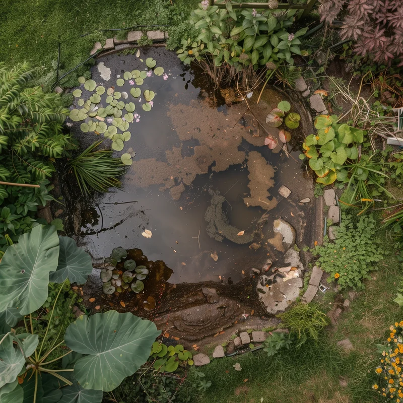 Teich mit trübem Wasser und sichtbarem Schlamm im Uferbereich