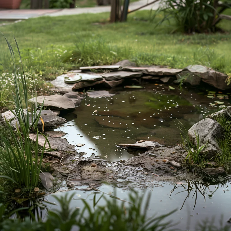 Gartenteich mit abgesenktem Wasserstand und sichtbarem Schlamm am Rand