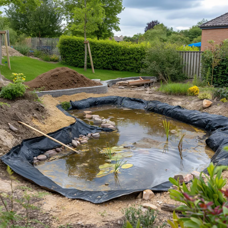 Unfertiger Gartenteich mit sichtbarer Teichfolie und Erdhaufen