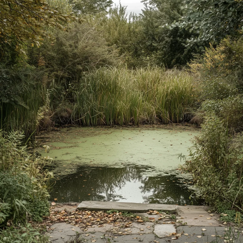 Stark verwilderter Teich mit Algen, Schilf und unkontrolliertem Pflanzenwachstum