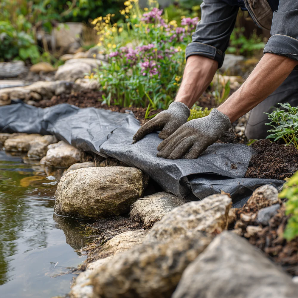 Entfernung einer alten, beschädigten Teichfolie an einem Gartenteich