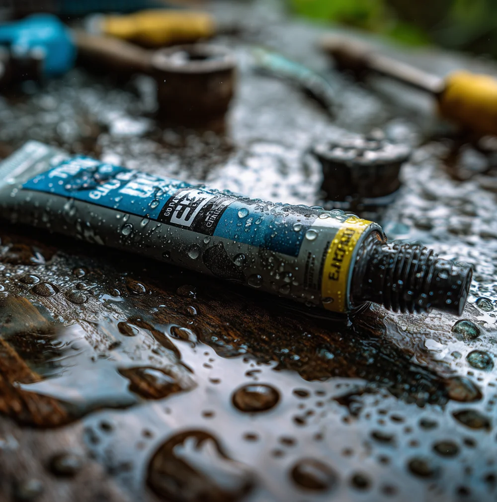 Nahaufnahme einer Tube Unterwasserkleber zur Reparatur von Teichfolie auf nasser Oberfläche