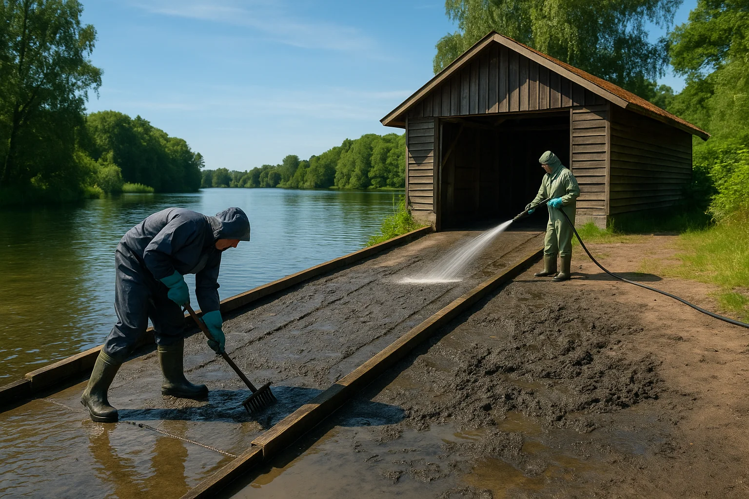 Arbeiter entfernen Schlamm an einer Slipanlage mit Bootshaus am See in Norddeutschland