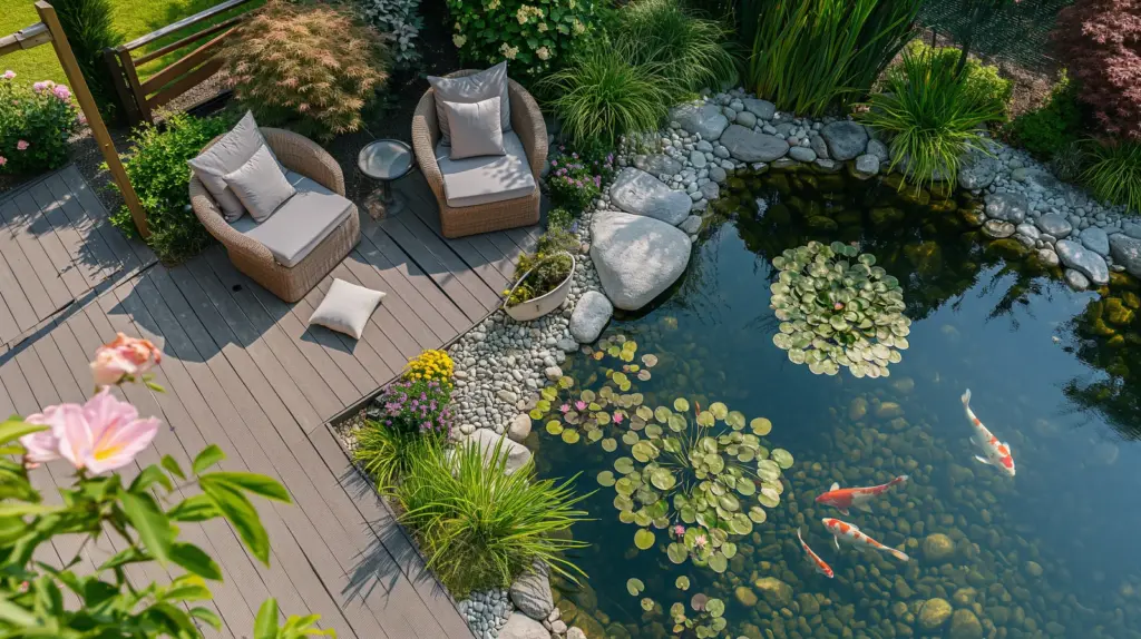 Draufsicht auf einen gestalteten Gartenteich mit Sitzbereich, Seerosen und Koi-Fischen
