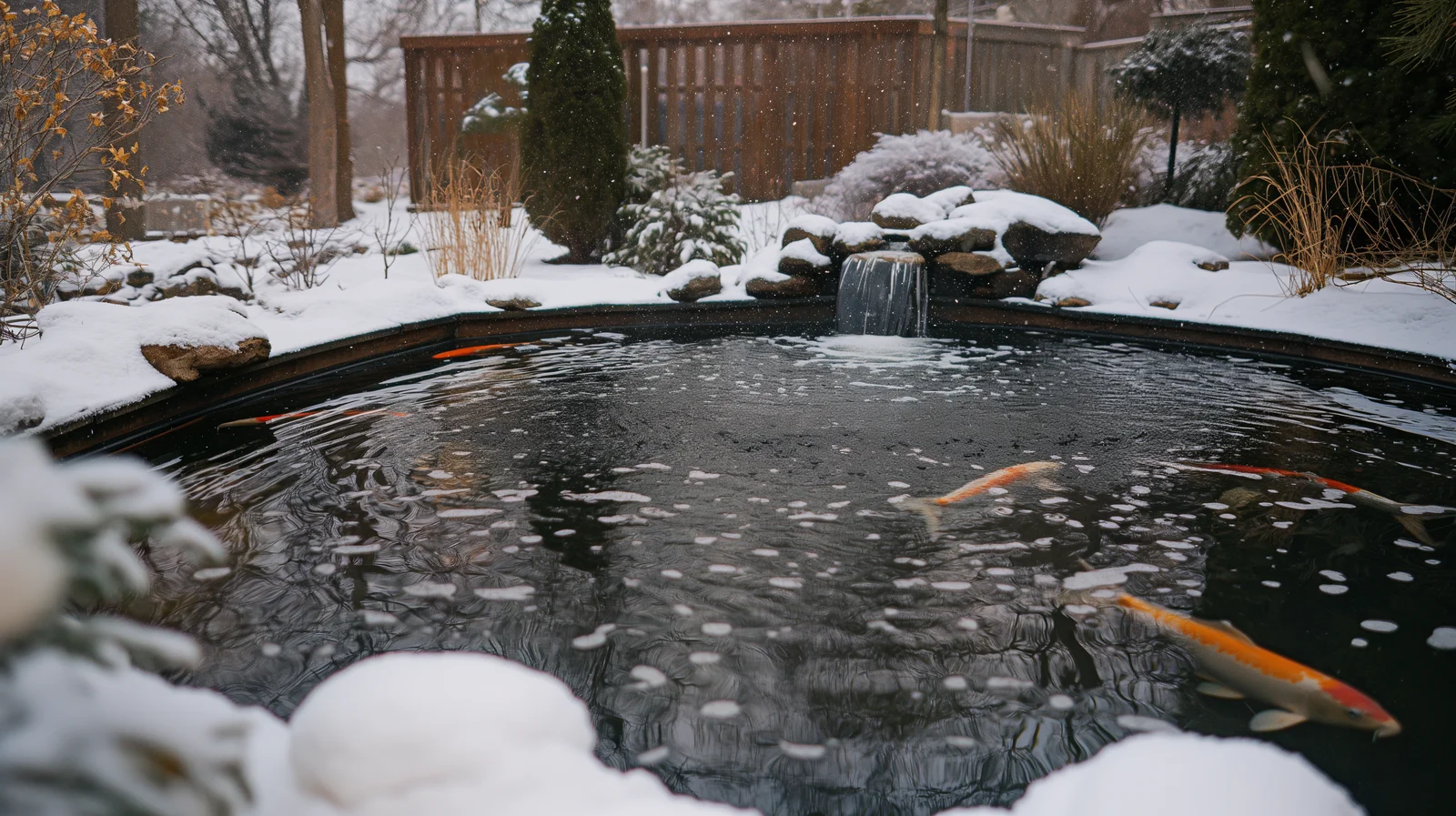 Koi-Teich im Winter mit schwimmenden Koi-Fischen und Schnee am Ufer