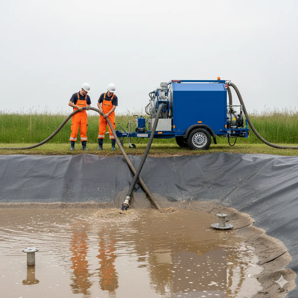 Mitarbeiter von Teichreinigung24 arbeiten mittels modernster Vakuumsaugtechnik