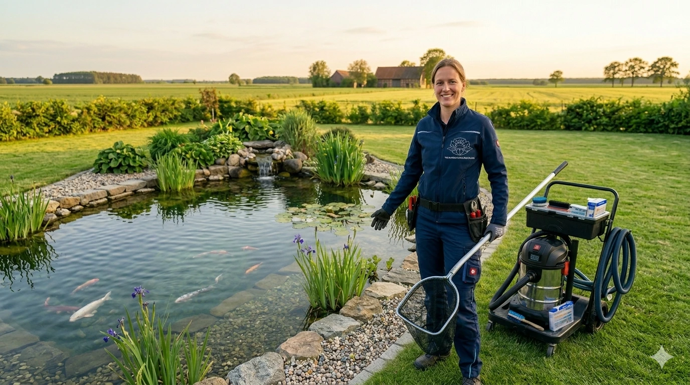 Professionelle Teichreinigerin von teichreinigung24 steht neben sauberem Koi-Teich mit Keschernetz und Reinigungsgerät – Brandenburg, goldene Stunde
