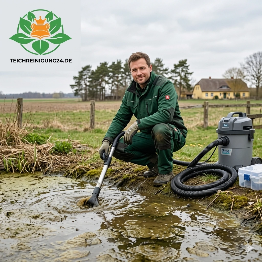 Teichreiniger der Firma teichreinigung24 saugt Schlamm aus verschlammtem Gartenteich in Brandenburg – mit Oase-Gerät, Frühjahr
