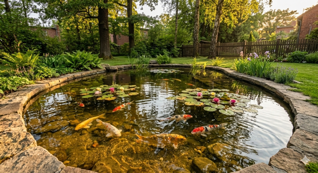 Gartenteich Berlin nach professioneller Teichreinigung – klares Wasser, gepflegte Uferbepflanzung und saubere Teichfolie