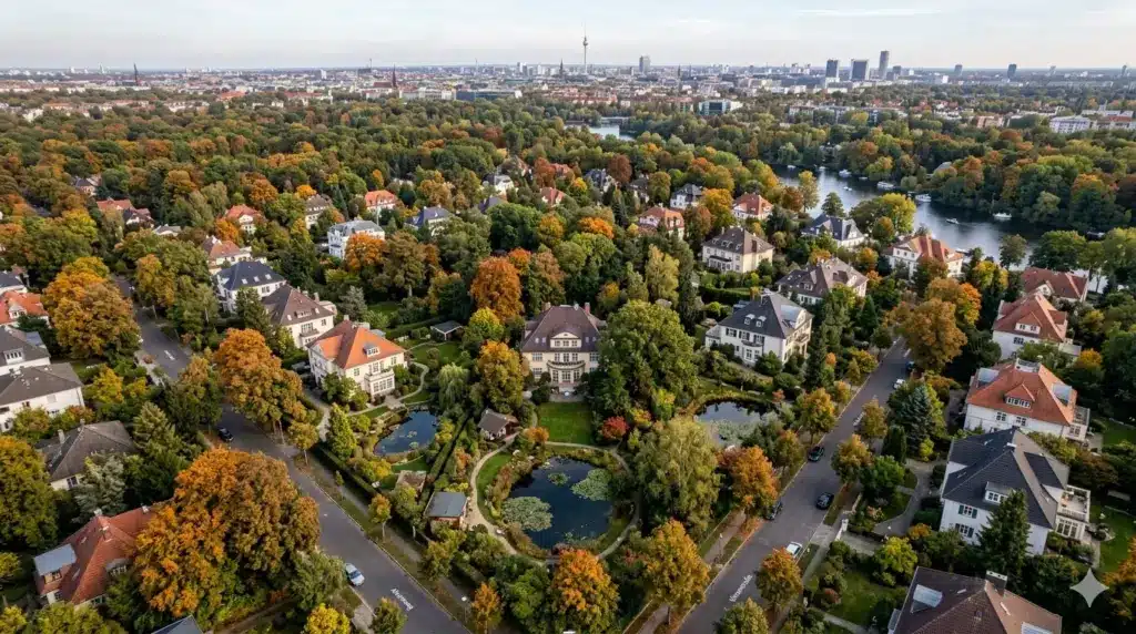 Einsatzgebiet Teichreinigung24 – Gartenteiche in Berliner Wohngebieten aus der Vogelperspektive