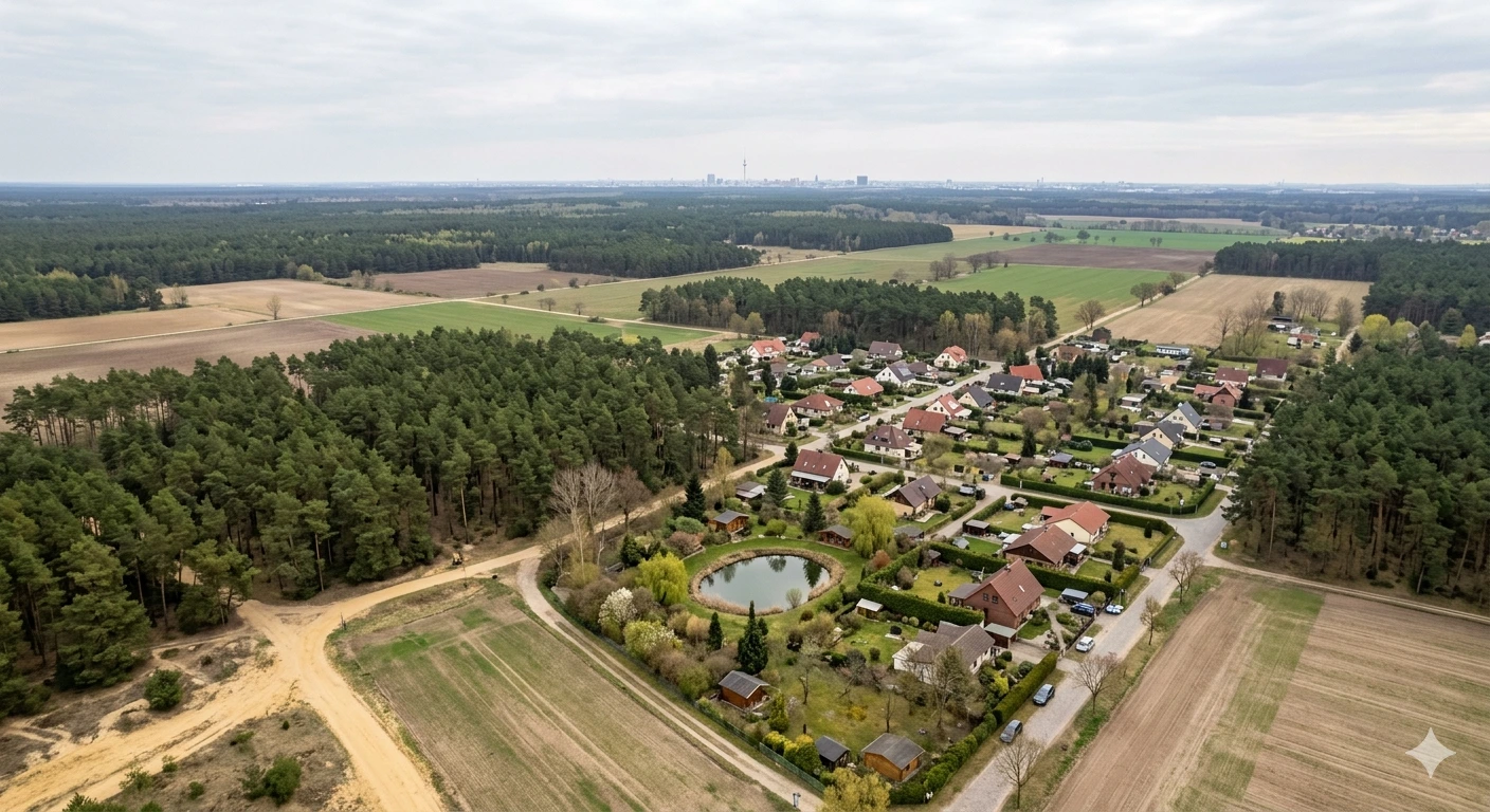 Luftaufnahme eines Dorfes in Brandenburg bei Berlin mit Dorfteich – Einzugsgebiet von teichreinigung24, Frühjahr