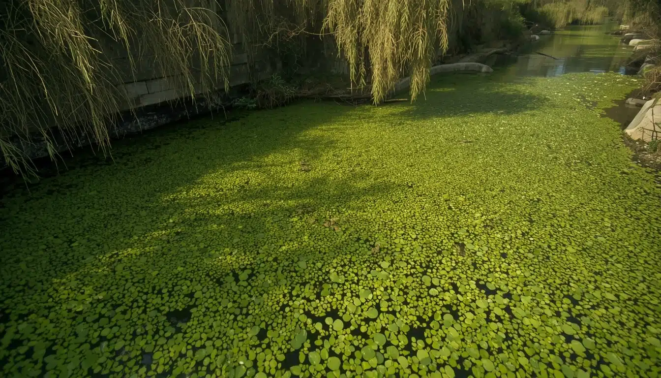 Stark vernachlässigter Gartenteich mit grünem trübem Algenwasser — vor der Gewässerbelüftung