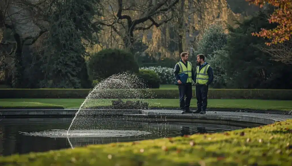 Teichreinigung Firma in der Nähe – Teichreinigung24 Team bei der Besichtigung eines Gartenteichs in Berlin