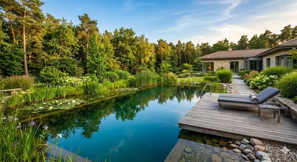 Klarer Schwimmteich in privatem Garten Berlin – Ergebnis professioneller Teichpflege