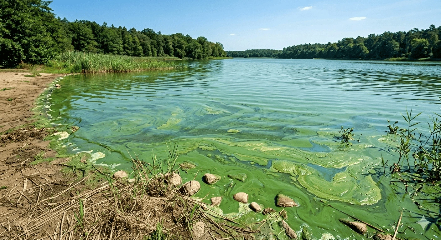 Blaualgenbefall an einem See in Brandenburg — Gewässerbelüftung teichreinigung24
