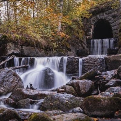 Kleiner Wasserfall mit Felsen und Tunnel im Wald