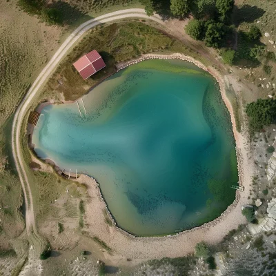 Feuerlöschteich in den Bergen mit sauberem Wasser und gepflegtem Ufer