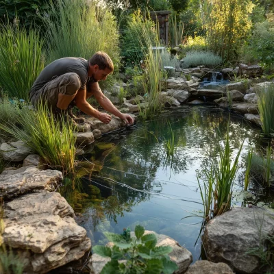 Mann untersucht die Teichfolie eines Gartenteichs auf ein Leck