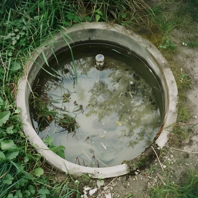 Offene Regenwasserzisterne mit Schmutz und Pflanzenresten am Rand